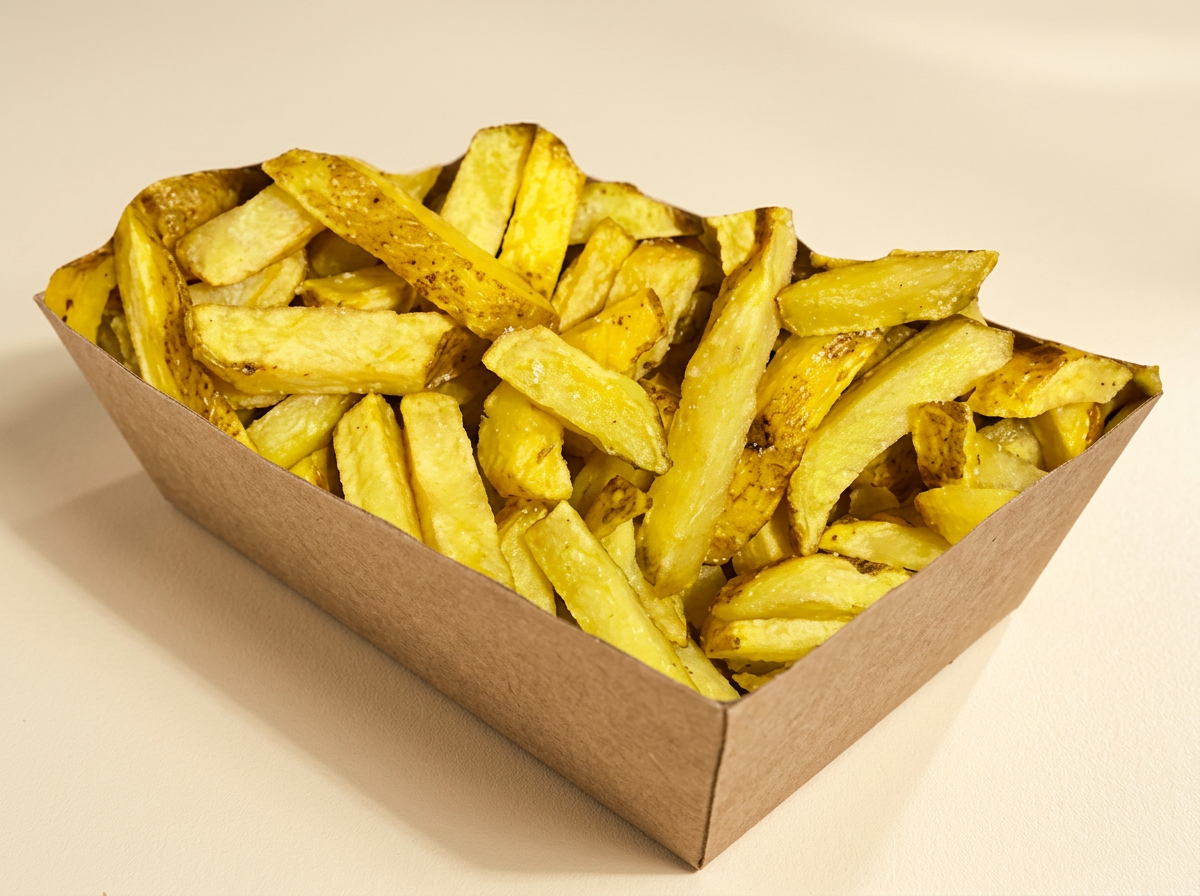 Verse handgesneden friet met schil in een kraft bakje